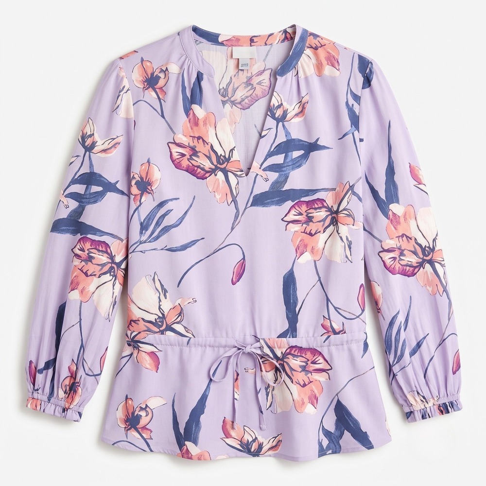 A New Day Floral Peplum Blouse Women S Purple Long Sleeve V Neck Drawstring Top - Picture 2 of 7